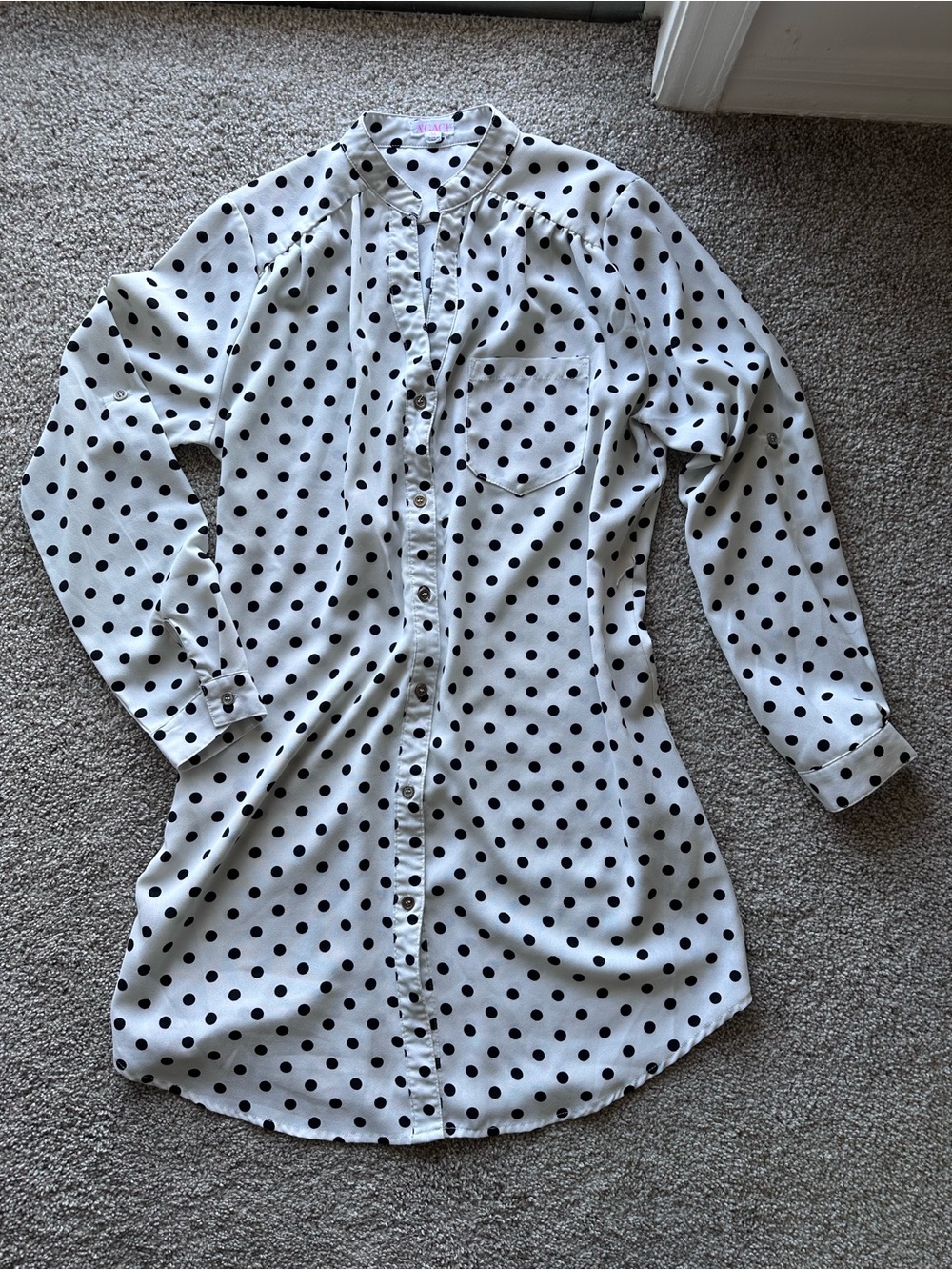 a’gaci White & Black Polka Dot Long Sleeve Shirt Dress / Tunic Dress Size M